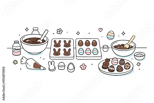 Easter chocolate making setup. A clean kitchen counter with chocolate molds, mixing bowls, and spring-themed tools like bunny and egg shapes arranged neatly.