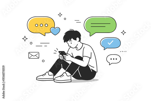 Modern loneliness in social media. A person scrolling on a phone while sitting alone, surrounded by abstract message bubbles. Emotional contrast between