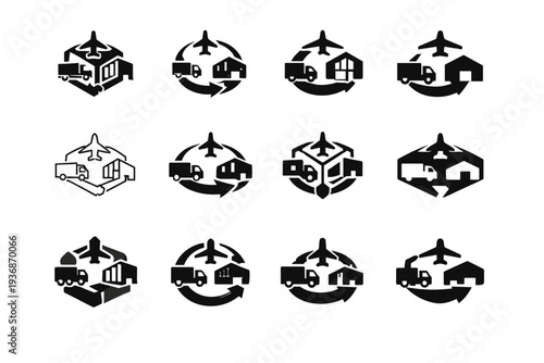 transportation hubs. Icon set. Set Logo of transportation hubs: logistics hub. harmonious logo variations of the same emblematic concept, each with different
