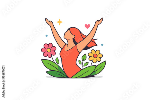 Women empowerment spring concept female figure rising with flowers and leaves, expressing personal development, optimism and positive change inspired by the