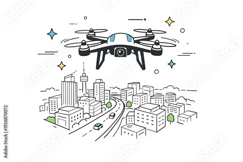 Drone aerial photography. A drone hovering over a city skyline, capturing streets and rooftops, abstract stars and motion lines floating around, modern and