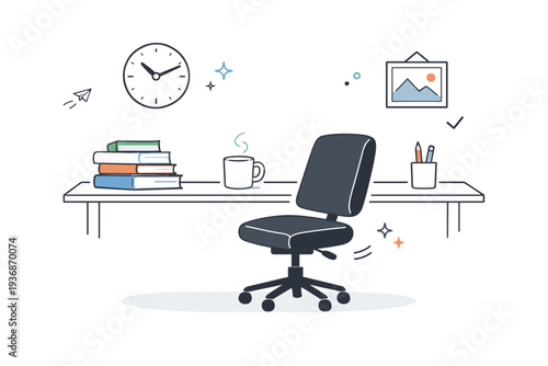 Almost tidy rooms. Desk area with neatly stacked books and a single coffee cup left behind, chair slightly turned. Visual metaphor for paused productivity and