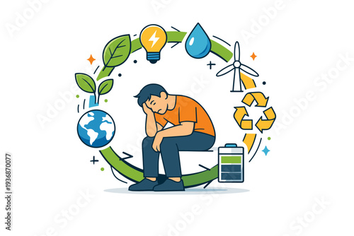 Sustainable fatigue shown through a person surrounded by eco icons like leaves, water drops, and energy symbols forming a heavy circular loop. The visual