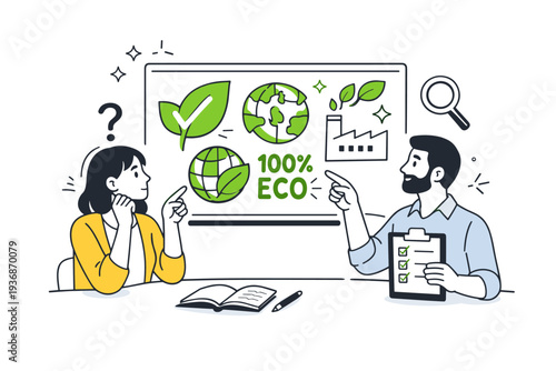 Greenwashing awareness. Two people discussing sustainability claims while pointing at a screen with exaggerated green symbols, showing doubt and verification.