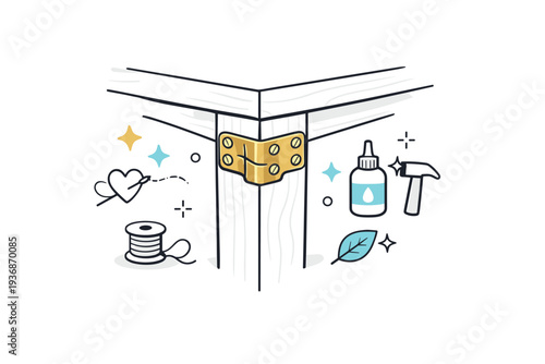 Repair-visible joinery detail. A patched table leg where a cracked joint is reinforced with reclaimed brass hardware, abstract floating stars and subtle line