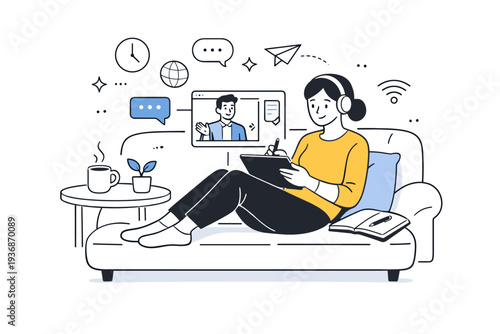 Remote collaboration lifestyle shots. A relaxed work-from-anywhere moment with a person collaborating on a tablet from a sofa or kitchen table. Flexibility,