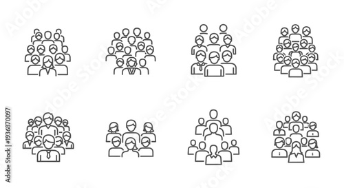 Collection of minimalist line art icons depicting groups of people