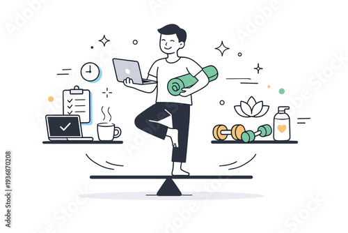 Work?life wellness balance. A modern minimal scene showing harmony between productivity and personal care. A character smoothly transitions between work tools