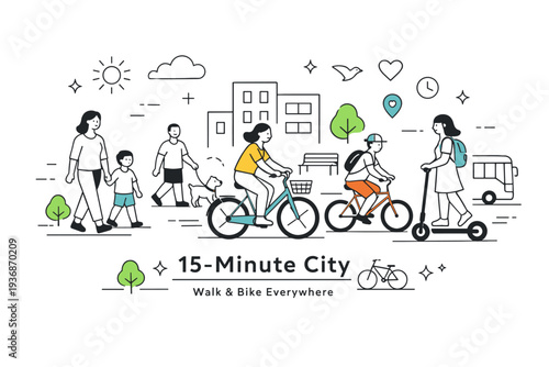 -minute city mobility. People cycling and walking on safe streets, simple buildings nearby. Sustainable transport and relaxed pace of life. Minimalist flat