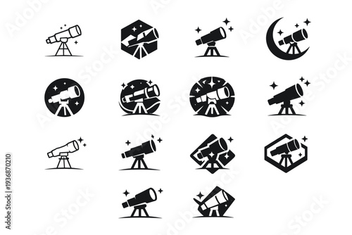 space telescope. Icon set. Set Logo of space telescope: telescope and stars. harmonious logo variations of the same emblematic concept, each with different