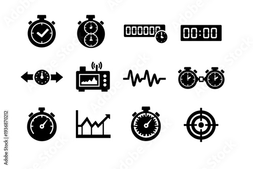 Precision Timing. Solid icon set of Precision Timing: high precision stopwatch, split timing, microsecond scale, digital timer, time interval, frequency meter,