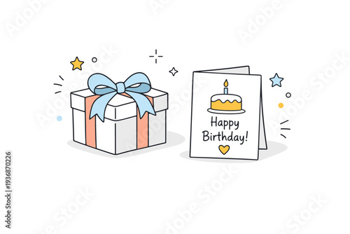 Birthday concepts. A neatly wrapped gift box with a ribbon placed next to a greeting card. Quiet anticipation and thoughtful gesture with decorative sparkles
