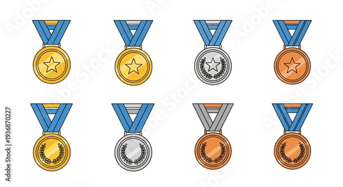 A collection of colorful award medals with ribbons displayed in rows