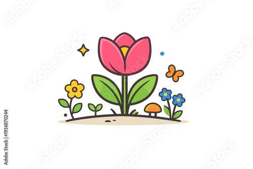 Spring flowers blooming a minimal garden scene with one dominant flower and small supporting plants, creating a clear metaphor of renewal and natural balance.