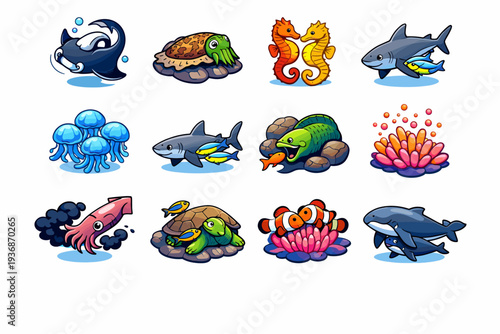 Underwater behaviors. Colorful isometric vector icons set of Underwater behaviors: manta ray somersault, cuttlefish camouflage shift, seahorse mating dance,
