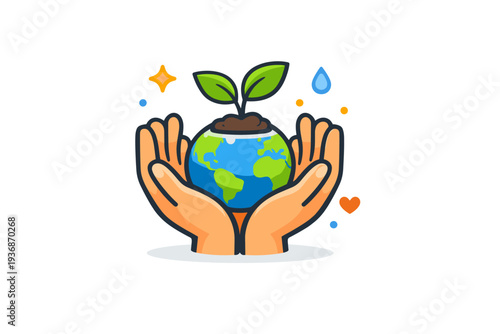Climate anxiety balanced with hope illustrated by hands gently holding a small plant and planet symbol, suggesting care, responsibility, and constructive