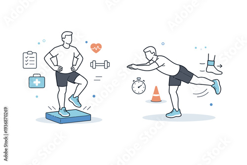 Functional rehab exercises. Athlete balancing on a foam pad or performing controlled single-leg drills, focus on stability and coordination, calm