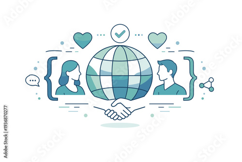 Ethical open-source abstract concept. An abstract editorial illustration combining code brackets, heart icons, globe, and people silhouettes to symbolize