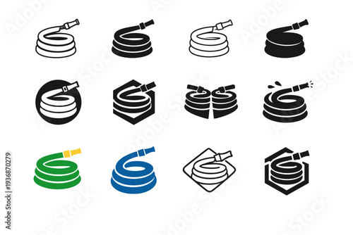Using a hose. Icon set. Set Logo of Using a hose: coiled hose with nozzle. harmonious logo variations of the same emblematic concept, each with different