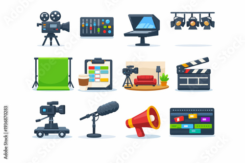 TV Production. Colorful flat vector icons set of TV Production: film camera, sound mixer, teleprompter, lighting rig, green screen, producer clipboard, studio