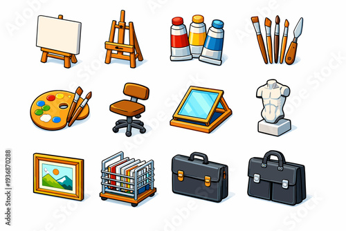 Fine Art Studio. Colorful isometric vector icons set of Fine Art Studio: large canvas, professional easel, oil paint tubes, fine brushes, palette knife, mixing