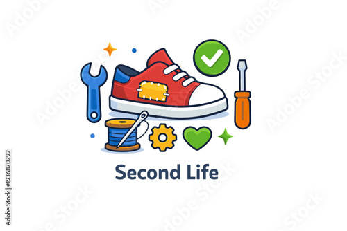 Second life of products shown by a repaired item with small tool icons nearby, symbolizing maintenance, care, and long term use instead of disposal. The tone