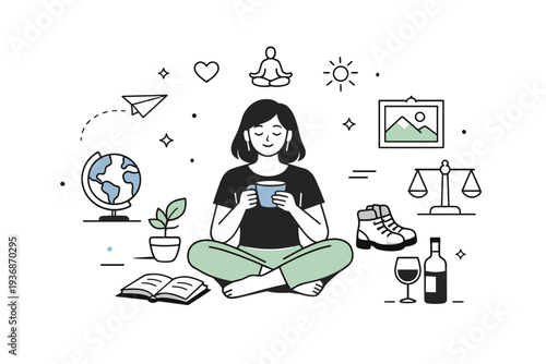 Childfree by choice concept. A calm editorial scene of an adult enjoying personal freedom and quiet time, surrounded by subtle symbols of balance and