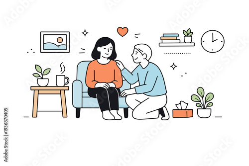 Creating a safe care environment. A simple interior scene with a person feeling supported in a quiet, uncluttered space. Visual cues of comfort and stability
