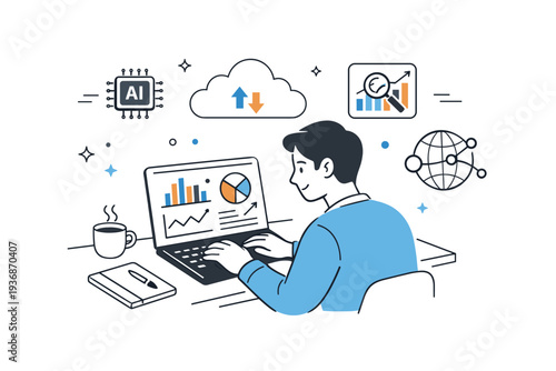 Digital transformation concept. A person analyzing cloud-based data with icons representing AI, analytics, and connectivity. Focused work atmosphere with