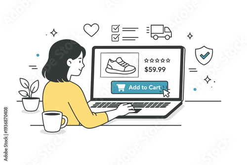 Online shopping and ecommerce. A customer reviews products on a laptop screen, adding an item to a cart with calm confidence. The scene conveys convenience and