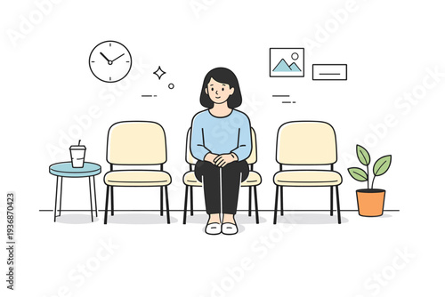 Everyday boredom realism. Scene of a waiting area with a single figure quietly sitting, hands in lap, minimal decor. Slow, patient, and uneventful moments made