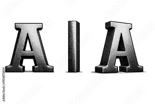 Slab serif letterform shown as one uppercase serif letter object displayed in three views: front view, side view, and three-quarter view defining weight and