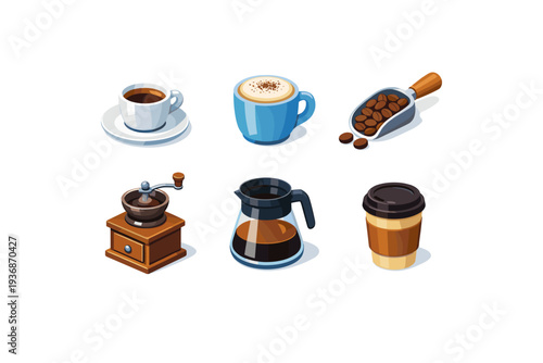 Coffee. Isometric flat vector icons set of coffee: espresso cup, cappuccino mug, coffee beans scoop, coffee grinder, drip coffee pot, takeaway coffee cup.