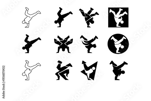 Urban dance culture and street performances. Icon set. Set Logo of Urban dance culture and street performances: breakdance move. harmonious logo variations of