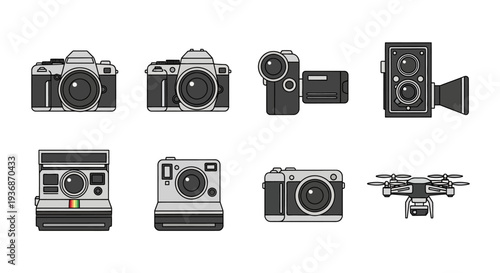 Collection of vintage and modern camera illustrations with a drone