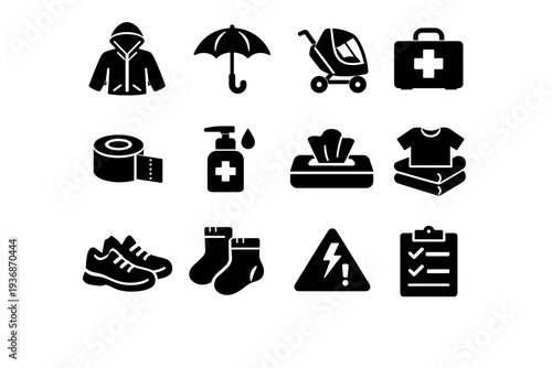 Family outing with children. Solid icon set of Family outing with children: rain jacket, umbrella, stroller rain cover, first aid kit, bandage, hand sanitizer,