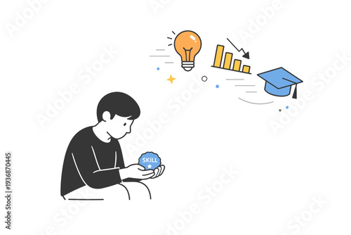 Eroding sense of expertise. A person holds a shrinking skill badge while larger abstract icons float away. The illustration suggests declining confidence and