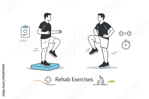 Functional rehab exercises. Athlete balancing on a foam pad or performing controlled single-leg drills, focus on stability and coordination, calm