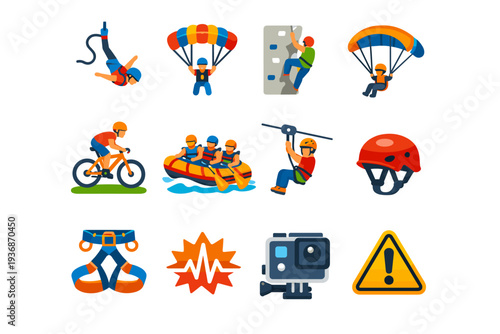 Extreme Activities. Colorful flat vector icons set of Extreme Activities: bungee jumping, skydiving parachute, rock climbing, paragliding wing, mountain