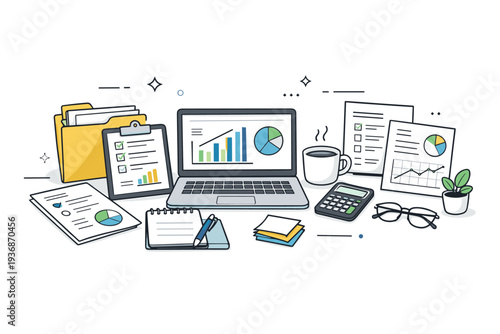 Office desk items set. Paperwork and digital tools combined, including folders, charts, and a laptop, representing daily office tasks. Calm professional