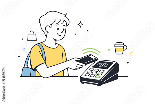 Mobile payment scene. A character paying with a phone at a terminal, gentle motion lines showing contactless action. Friendly everyday moment of modern