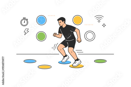 Home reaction speed workout. Minimal room scene with wall targets, floor markers, and a focused athlete performing quick steps. Quiet discipline and controlled