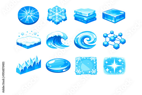 Winter ice textures. Colorful flat vector icons set of Winter ice textures: radial ice crack, geometric frost, layered ice, translucent ice slab, snow dusting,