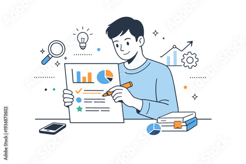 Big data analytics insights. A person highlighting key points on a report with simple visual markers. Sense of discovery, confidence, and actionable knowledge