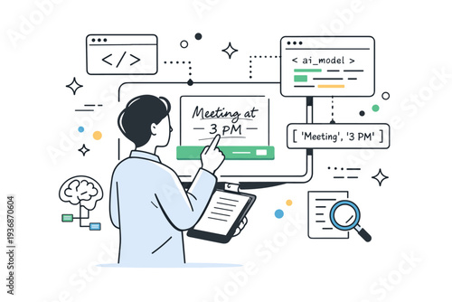 Handwriting recognition lab. A researcher analyzes handwritten notes through a touchscreen interface with floating code elements and abstract dots symbolizing