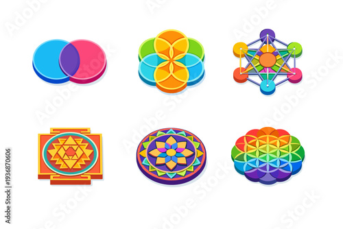 Sacred Geometry. Isometric flat vector icons set of Sacred Geometry: vesica piscis shape, seed of life pattern, metatron cube form, sri yantra plate, geometric