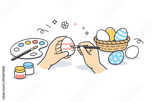 Decorating Easter eggs. A person gently painting an Easter egg with a brush, paint palette and eggs nearby. Quiet creative process and cozy seasonal activity,