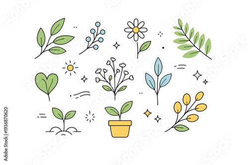 Modern botanical set. A small collection of leaves, stems and plant icons arranged neatly. Clean eco-friendly feeling and contemporary design tone, calm and