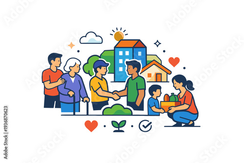 Mutual aid as local action represented by a compact neighborhood scene where people support each other directly, communicating empowerment and community