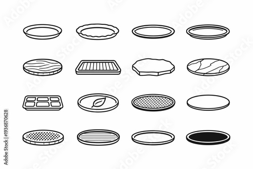 Platter Materials. Line icon set of Platter Materials: ceramic platter, porcelain platter, glass platter, stainless steel platter, wooden platter, bamboo